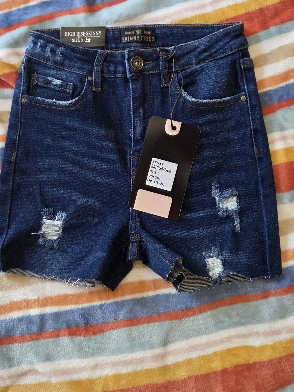 High-Rise Distressed Denim Shorts - Dark Blue